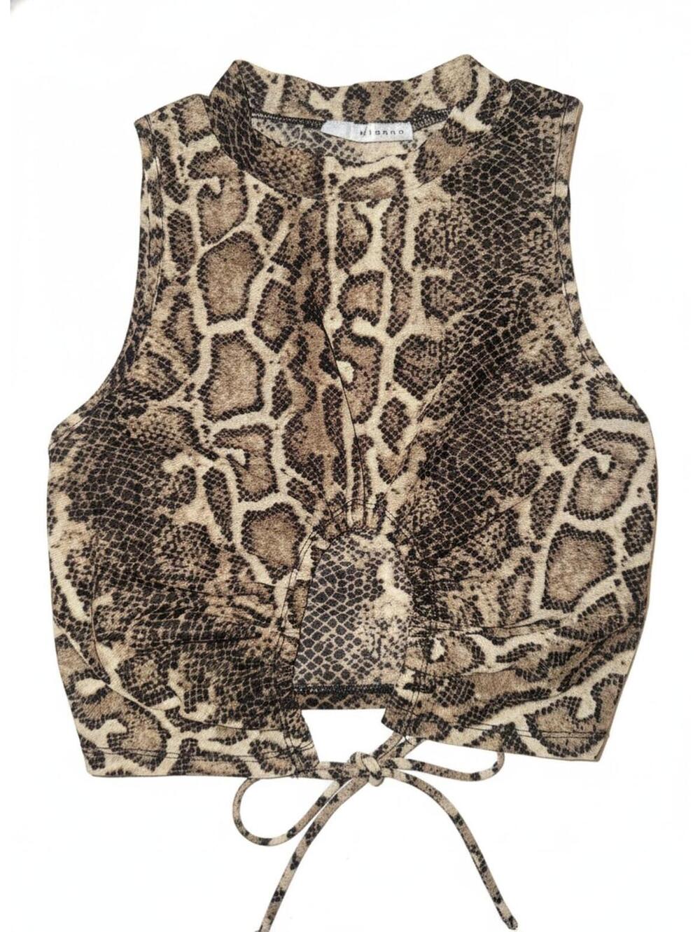 Mienne Micro-Mesh Snakeskin Print Cropped Top Small